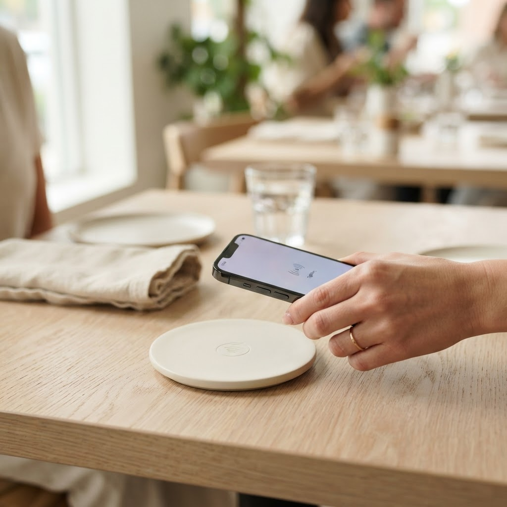 Cliente acercando su teléfono a una placa NFC de ImfinitumCx en la mesa de un restaurante